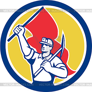 Coal Miner Hardhat Holding Axe and Flag Retro - vector clip art