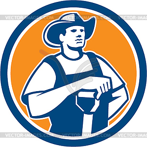 Organic Farmer Holding Shovel Front Circle Retro - vector image