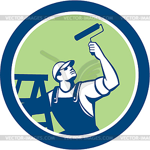 House Painter With Paint Roller and Ladder Retro - vector image