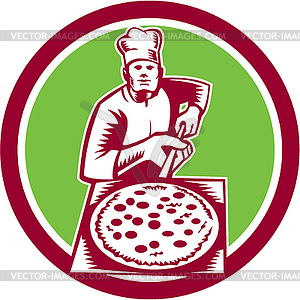 Пицца чайник Холдинг Пицца Пил Круг ксилография - векторный рисунок