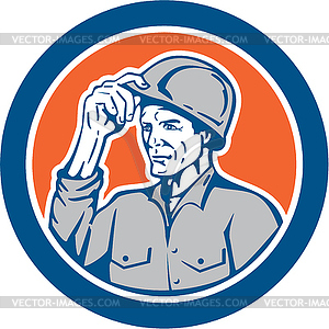 Builder Carpenter Tipping Hardhat Circle Retro - vector clipart