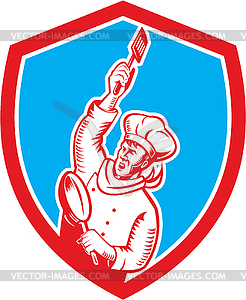 Chef Cook Holding Spatula Frying Pan Shield Woodcut - vector clipart