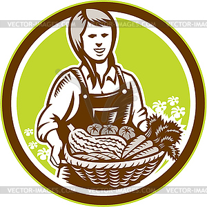 Organic Female Farmer Farm Produce Harvest Woodcut - vector clipart / vector image