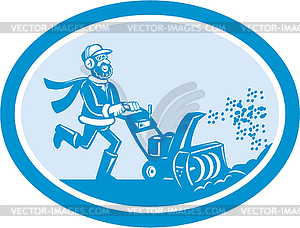 Man With Snow Blower Oval Cartoon - royalty-free vector clipart