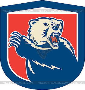 Grizzly Bear Swiping Paw Shield Retro - vector clip art