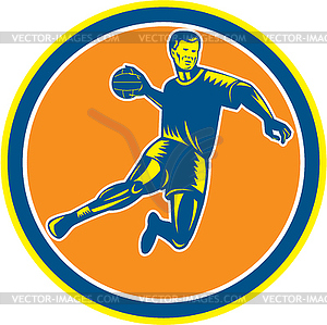 Handball Player Jumping Throwing Ball Circle Woodcut - vector image