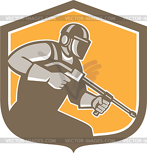 Pressure Washer Cleaner Worker Shield Retro - vector image