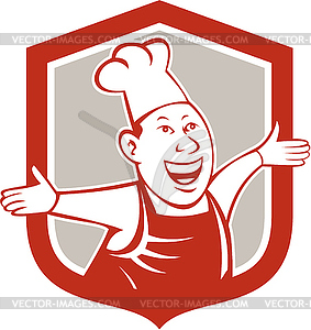 Chef Cook Happy Arms Out Shield Cartoon - vector image