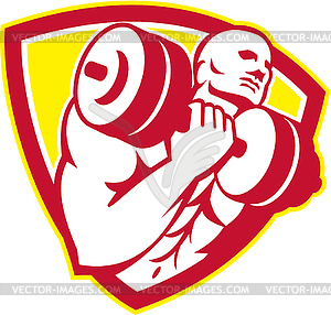 Bodybuilder Lifting Dumbbell Shield Retro - vector clipart