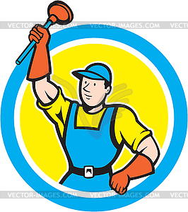 Super Plumber With Plunger Circle Cartoon - color vector clipart