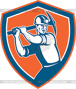 Coal Miner Wielding Pick Axe Shield Retro - vector image