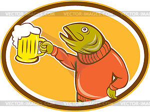 Forelle Fisch Halten Bierkrug Oval Cartoon Vektor Clipart