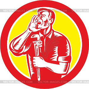 Plumber Shouting Holding Wrench Circle Retro - vector clip art