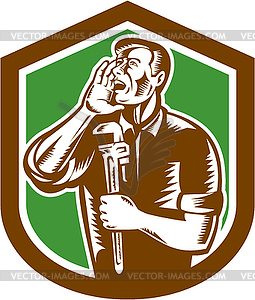 Plumber Shouting Holding Wrench Woodcut - vector clipart / vector image