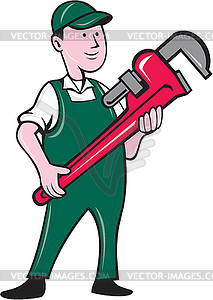 Plumber Holding Monkey Wrench Cartoon - vector clipart