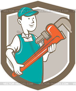 Plumber Monkey Wrench Shield Cartoon - vector image