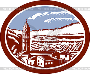 Church Belfry Tower Tuscany Italy Woodcut - vector image