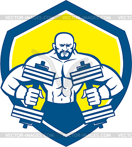 Bodybuilder Lifting Dumbbell Shield Retro - vector clipart