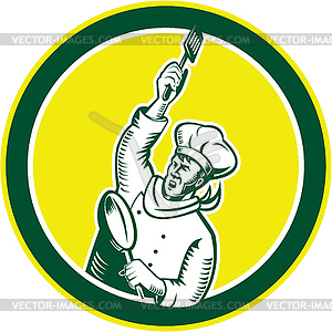 Chef Cook Holding Spatula Pan Woodcut - vector clip art