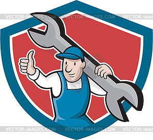 Mechanic Thumbs Up Spanner Shield Cartoon - vector clip art