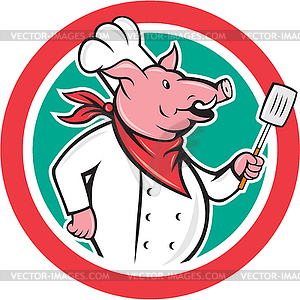 Pig Chef Cook Holding Spatula Circle Cartoon - vector clipart