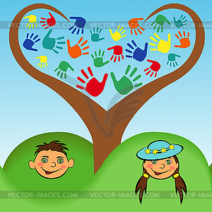 Boy and girl face under stylized tree - vector image