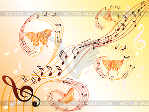 Musical notes on stave and flying butterflies - vector clipart / vector image