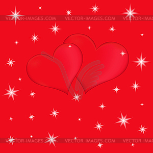 Two red hearts on red background with stars - vector clipart