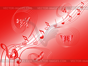 Flying butterflies around musical notes on stave - vector clipart
