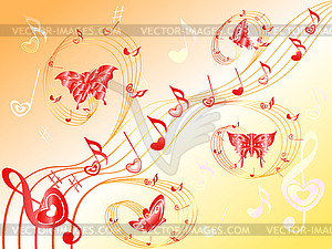 Musical notes on stave with hearts and butterflies - vector clipart