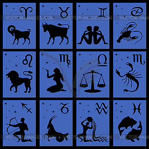 Twelve black silhouettes of Zodiac signs - vector clipart / vector image