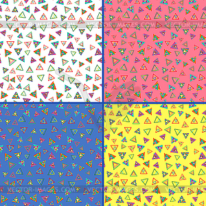 Four seamless patterns with colorful triangles - vector image