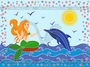 Dolphin and Mermaid in sea waves - vector clipart