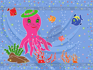 Funny Octopus and underwater marine life - vector clipart