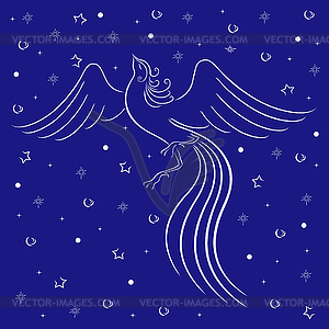 Graceful firebird contour over blue - vector clipart