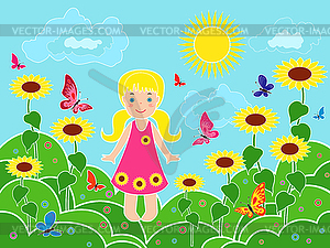 Small girl on field among sunflowers - vector image