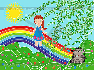 Small girl on rainbow in sunny summer day - vector clip art