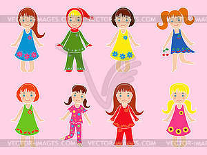 Eight small girls in various garments - vector EPS clipart