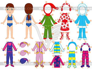 Кукла бумаги и теплая одежда набор для нее - изображение в векторном формате