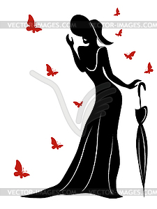 Lady in long gown and hat with umbrella - vector clip art