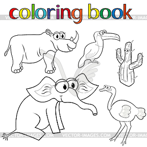 Set of animals and cactus for coloring book - vector image