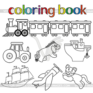 Набор различных игрушек для книжке-раскраске - векторный рисунок