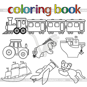 Set of different toys for coloring book - vector clip art