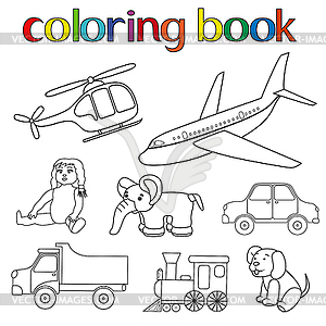 Набор различных игрушек для книжке-раскраске - рисунок в векторном формате