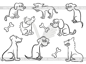 Set Of Cartoon Dogs - white & black vector clipart