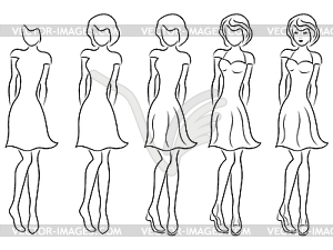 Beautiful women contour in drawing sequence - vector image