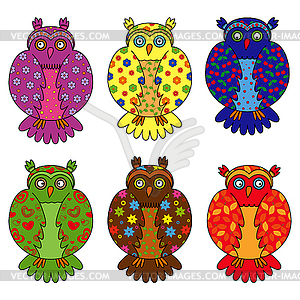 Set of six stylized owls - vector image