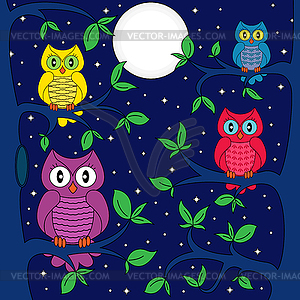 Owls in moonlit night - vector clip art