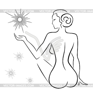Sexy woman sitting back with stars - vector clip art