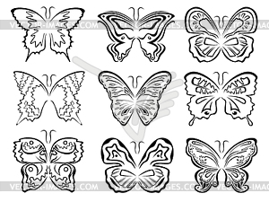 Set of six black butterflies contours - vector clipart